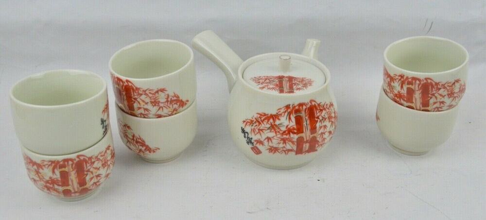 Vintage JGI Shaddy Mino Japan Sake Cup Set Red Bamboo Teapot Ochoko 7pc